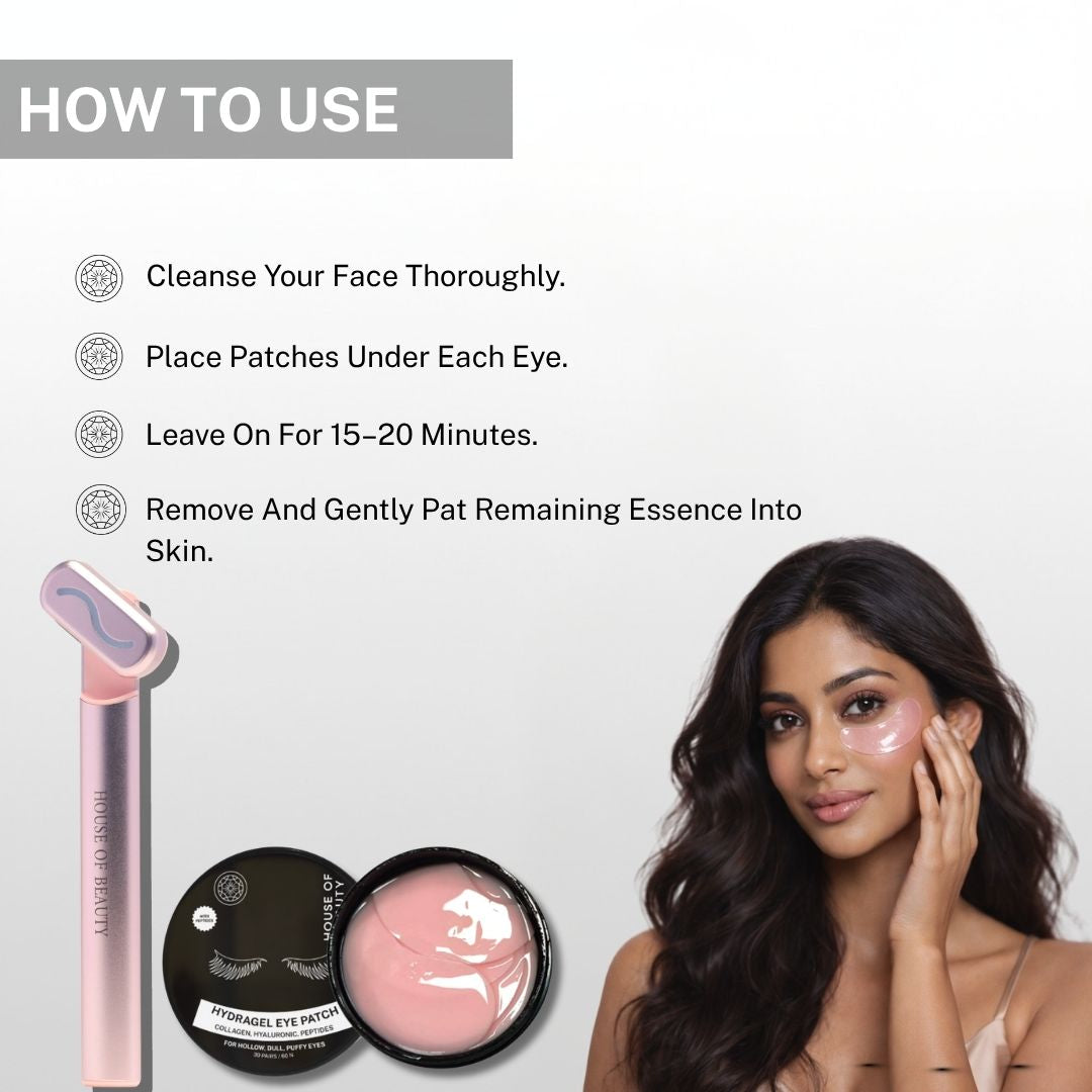 woman applying hydrogel eye patches under eyes with instructions for usage to reduce dark circles and hydrate skin