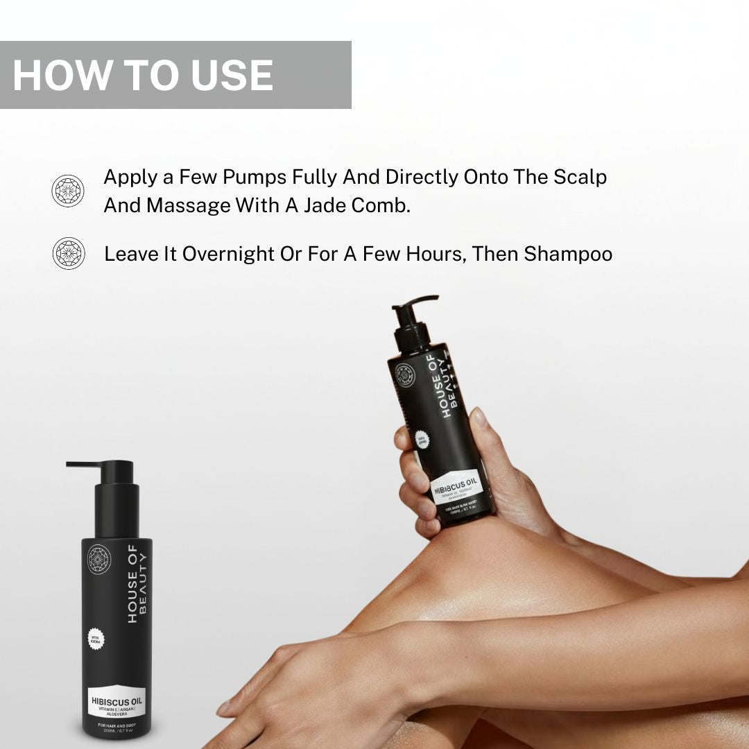Instructions showing how to apply hibiscus oil on scalp, massage with jade comb and wash after leaving overnight.