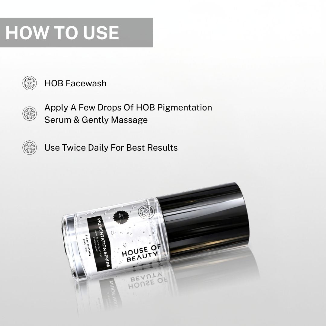 Instructions showing how to use House of Beauty Pigmentation Serum by applying a few drops after facewash and using twice daily for best results.