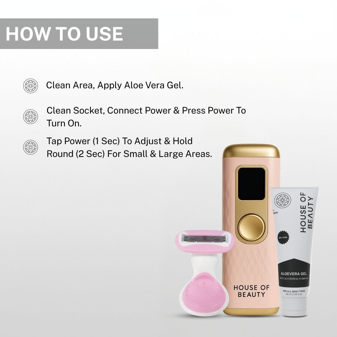 steps to use ipl laser hair removal device with aloe vera gel and power settings for safe home use