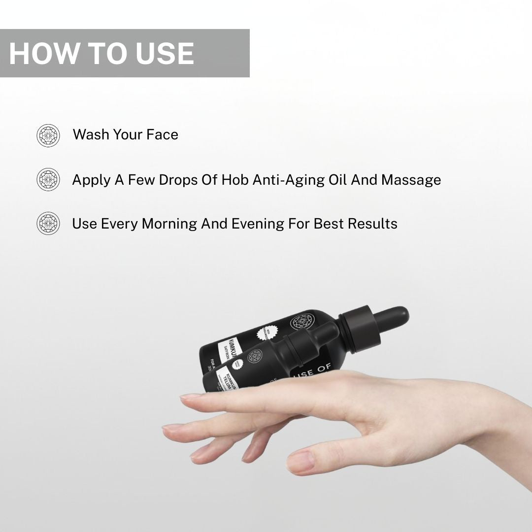 How to use House of Beauty Kumkumadi Telum Oil. Instructions include washing the face, applying a few drops of Kumkumadi Telum Oil, and massaging into the skin for best results.