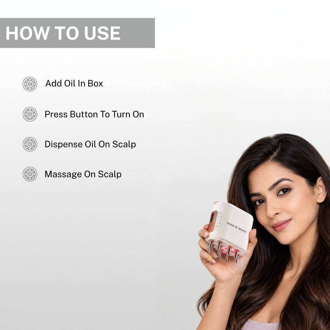 how to use led hair massager by adding oil turning on device and massaging scalp for better absorption