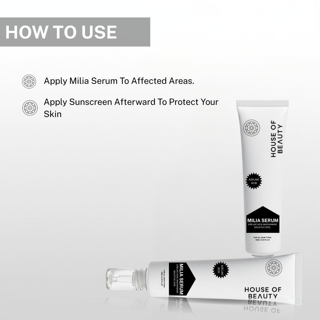 Instructions for using Milia Serum: apply to affected areas and use sunscreen afterward to protect skin.