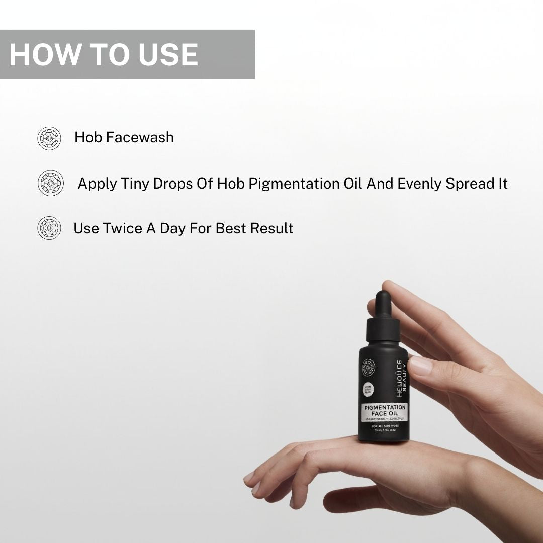 Instructions for using Pigmentation Face Oil: apply tiny drops after face wash, spread evenly and use twice daily for best results.