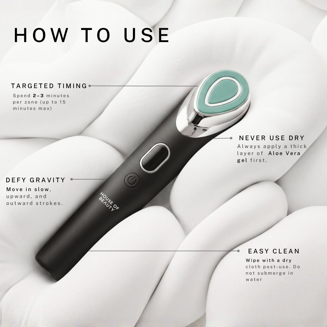 Step-by-step guide for using Sculpt Lift Pro™ with conductive gel, upward lifting strokes, 10–15 minute treatment, and post-use care instructions.