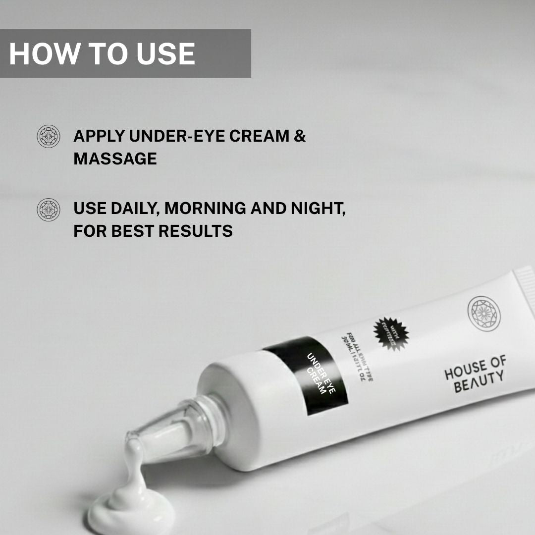 Instructions showing how to apply House of Beauty Under Eye Cream by gently massaging under the eyes morning and night.