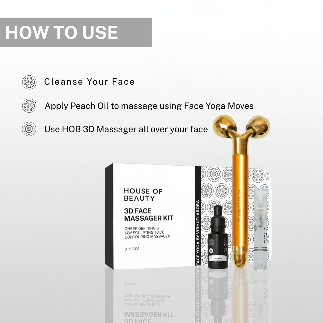 How to use House of Beauty 3D Face Massager Kit – cleanse face, apply Peach Oil with Face Yoga moves, then use HOB 3D Massager all over face