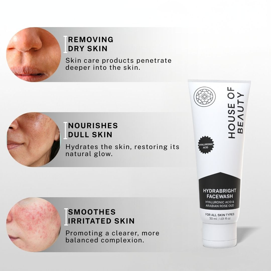 Hydrabright Facewash targeting dry skin, dull skin, and irritated skin for smoother and brighter complexion.