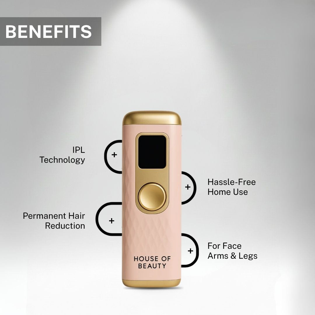 ipl hair removal device showing benefits like permanent hair reduction painless use and full body application
