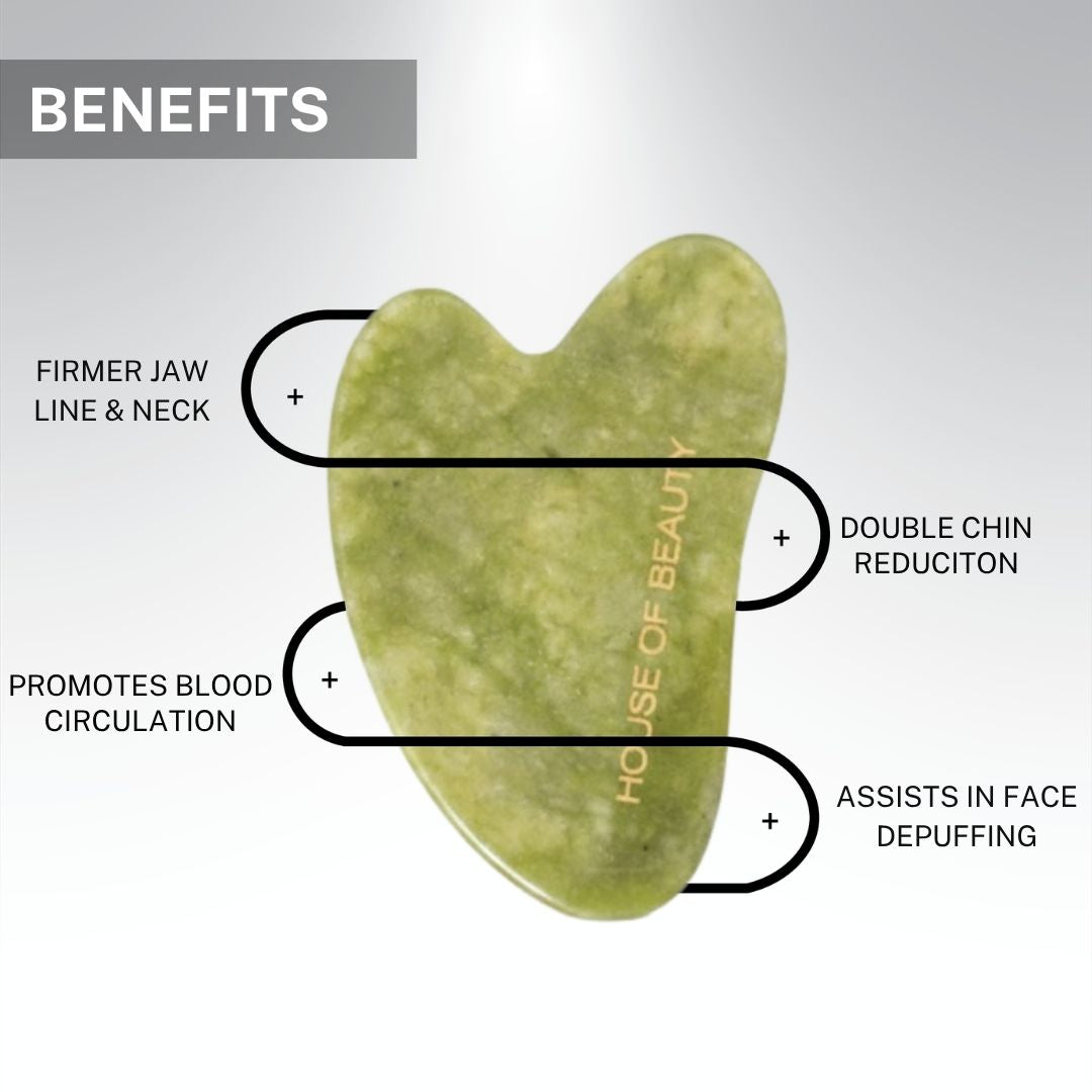 Infographic showing House of Beauty Jade Guasha Kit benefits – firmer jaw line and neck, double chin reduction, promotes blood circulation and assists in face depuffing