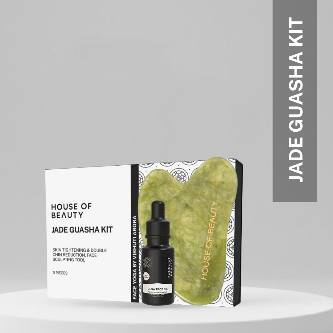 House of Beauty Jade Guasha Kit 3 pieces with Glow Face Oil and packaging box for skin tightening double chin reduction and face sculpting tool by Vibhuti Arora