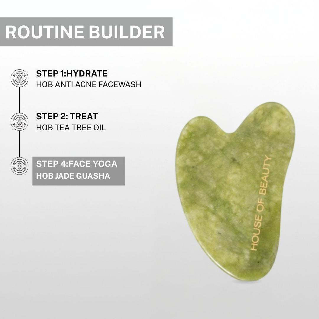 Skincare routine builder showing HOB Jade Guasha as Step 4 Face Yoga after HOB Anti Acne Facewash Step 1 Hydrate and HOB Tea Tree Oil Step 2 Treat