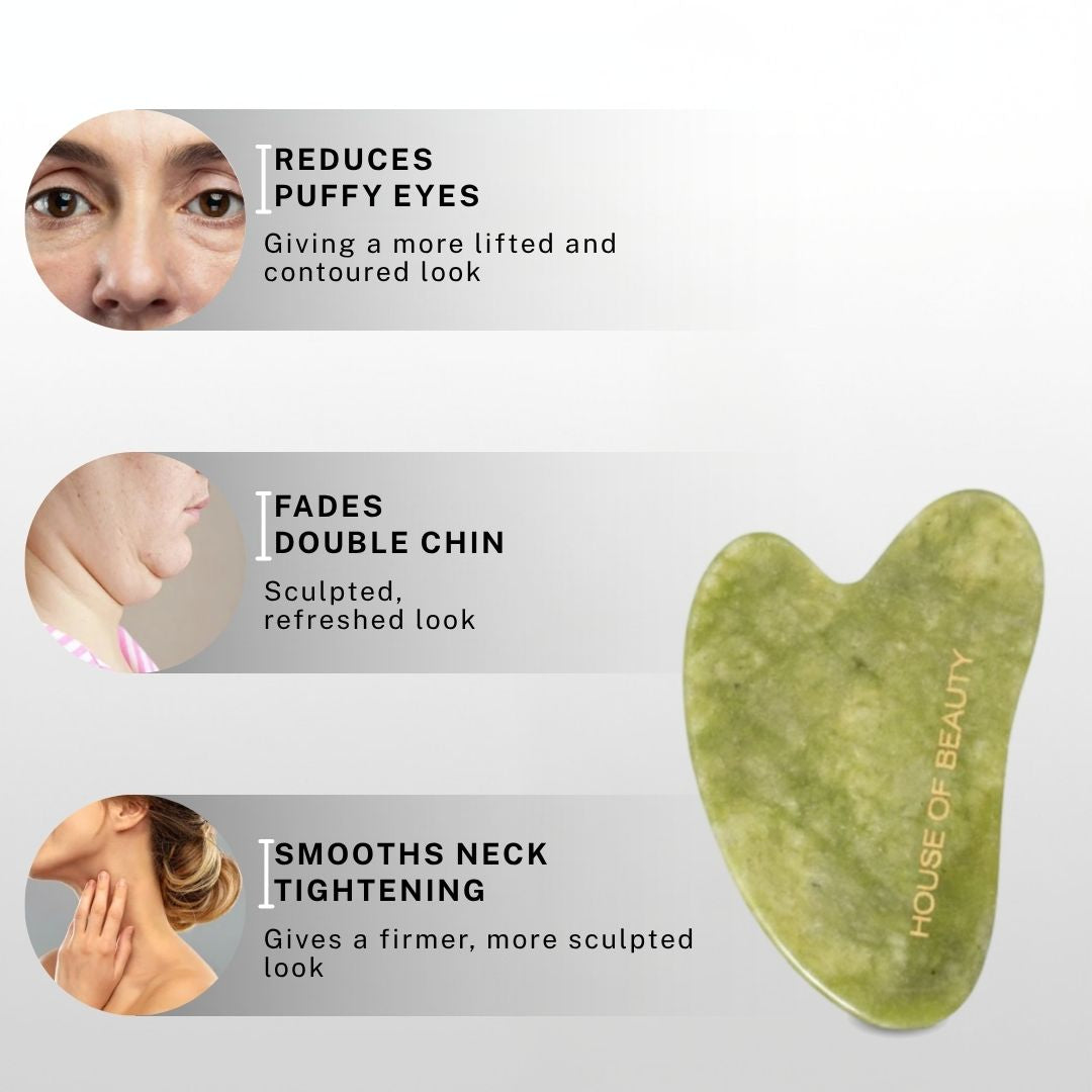 House of Beauty Jade Guasha problem solution infographic showing reduction of puffy eyes for lifted contoured look, fading double chin for sculpted refreshed look, and smoothing neck tightening for firmer more sculpted look