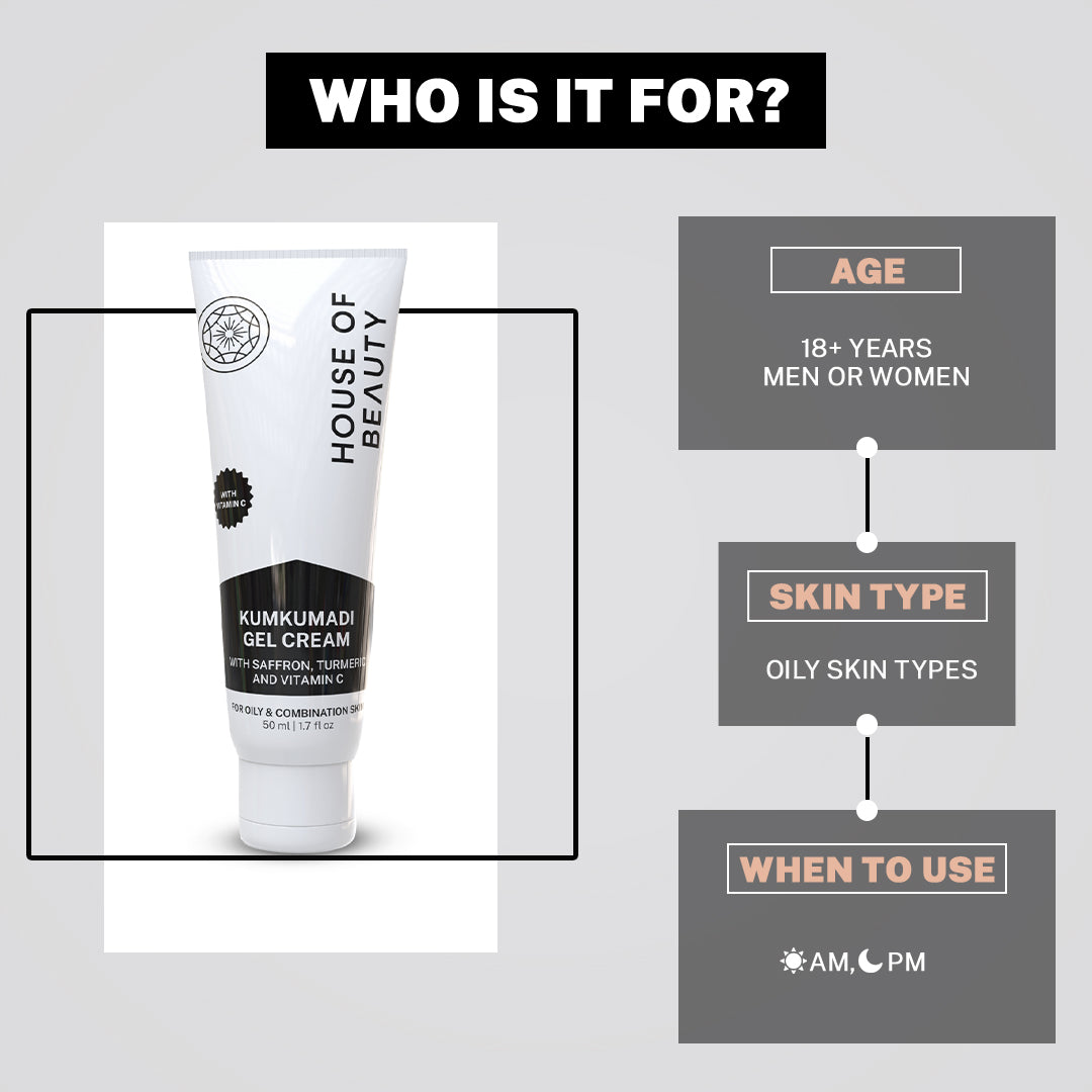 House of Beauty Kumkumadi Gel Cream — Ayurvedic brightening face cream infused with saffron, sandalwood, and turmeric for glowing, even-toned, youthful skin. Lightweight gel texture hydrates, reduces pigmentation, dark spots, and dullness — suitable for all skin type