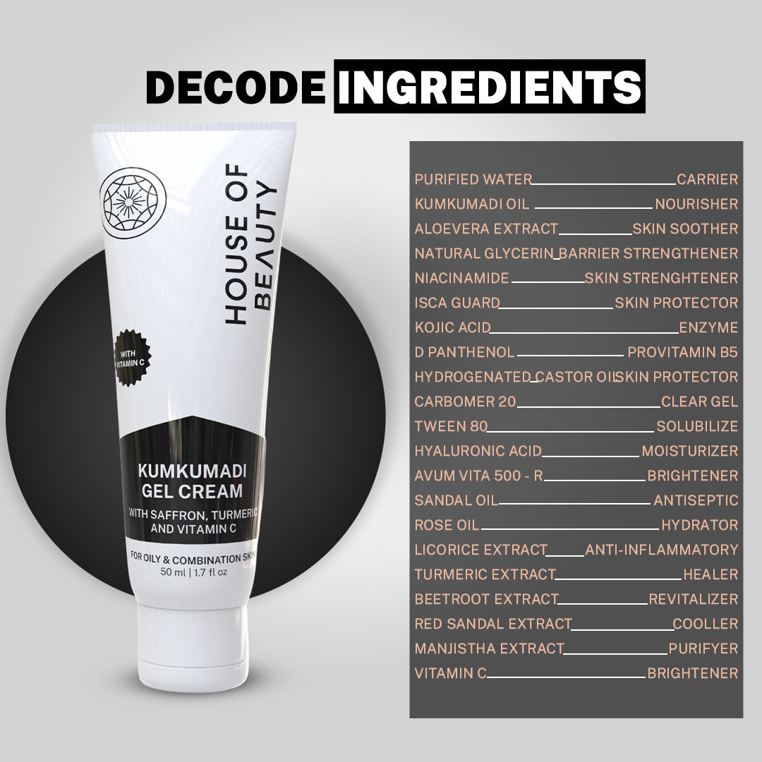House of Beauty Kumkumadi Gel Cream — Ayurvedic brightening face cream infused with saffron, sandalwood, and turmeric for glowing, even-toned, youthful skin. Lightweight gel texture hydrates, reduces pigmentation, dark spots, and dullness — suitable for all skin type
