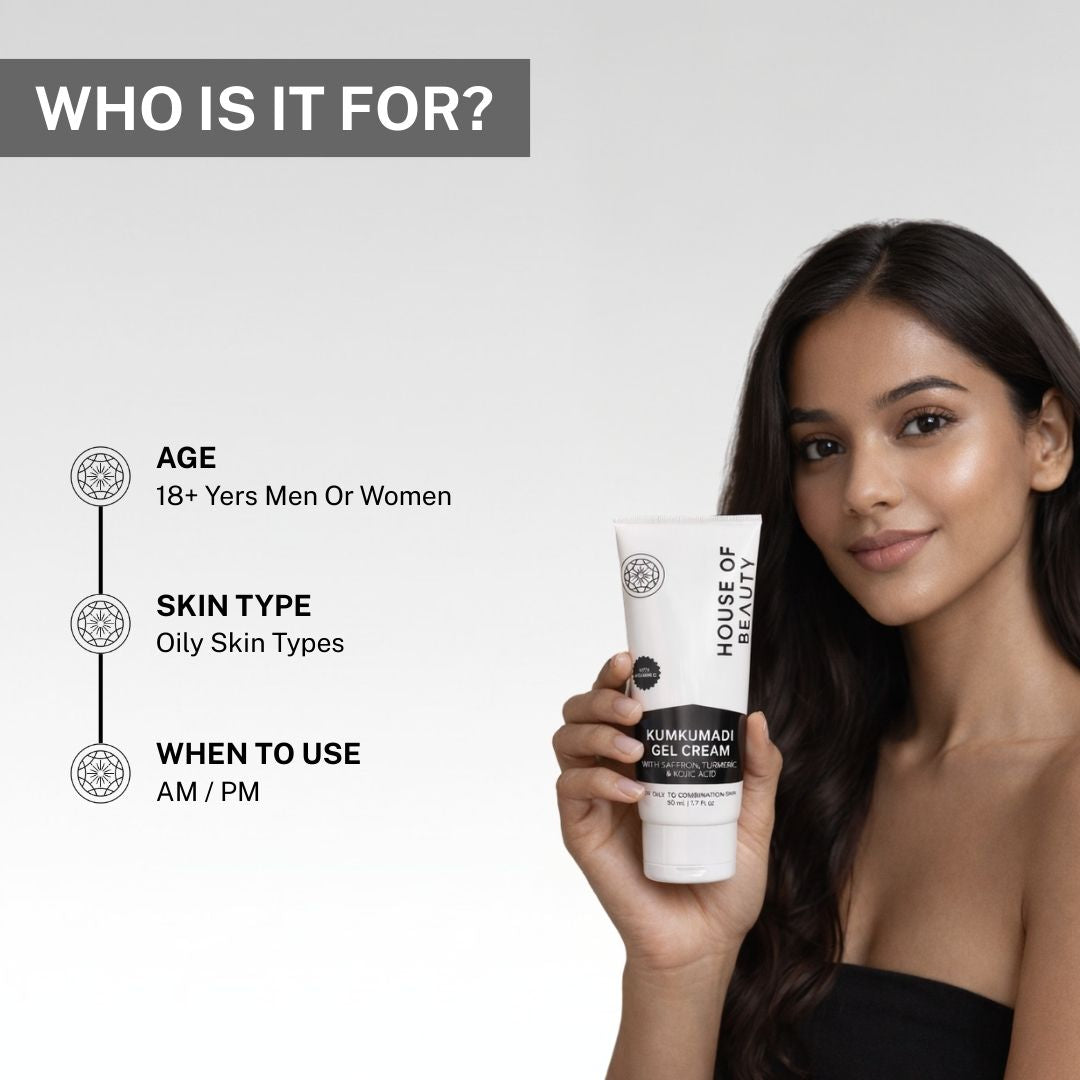 Woman holding House of Beauty Kumkumadi gel cream suitable for adults with oily to combination skin for morning and night skincare routine.