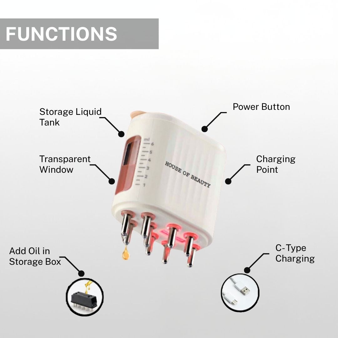 features of led hair massager including oil storage tank charging port vibration nodes and red light therapy