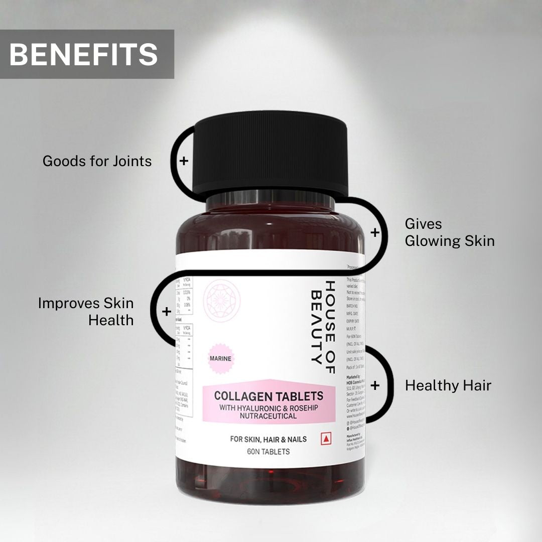 House of Beauty Collagen Tablets highlighting benefits including glowing skin, improved skin health, healthy hair and joint support.
