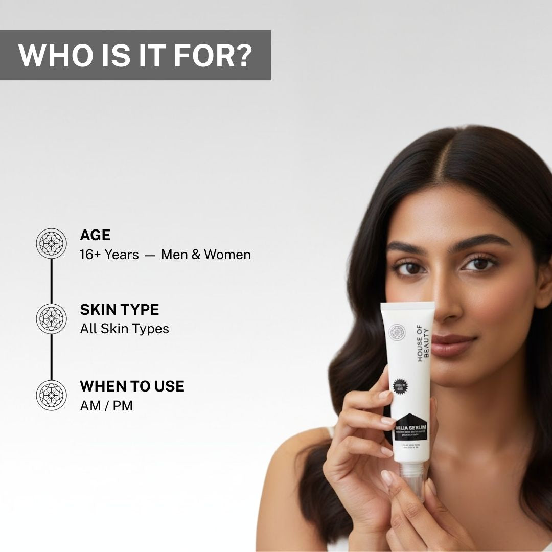 Model holding House of Beauty Milia Serum, suitable for men and women 16+, ideal for all skin types, AM and PM use.