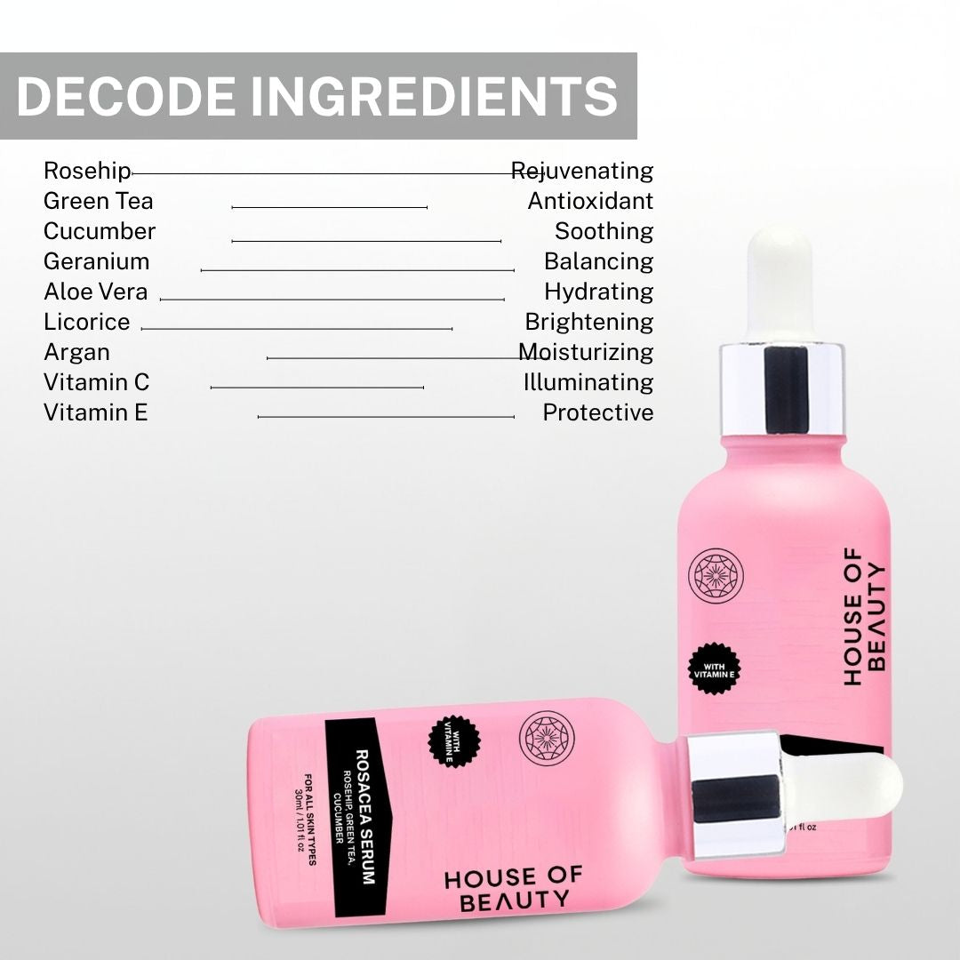 rosacea serum ingredients including rosehip green tea cucumber aloe vera licorice argan vitamin c and vitamin e benefits