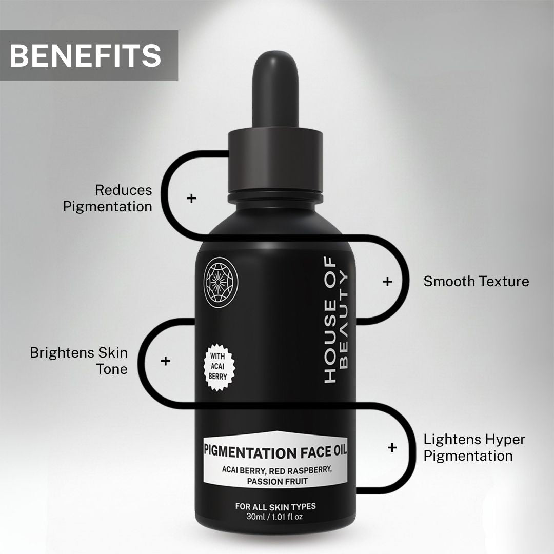 Pigmentation Face Oil highlighting benefits including reduces pigmentation, smooth texture, brightens skin tone and lightens hyperpigmentation.