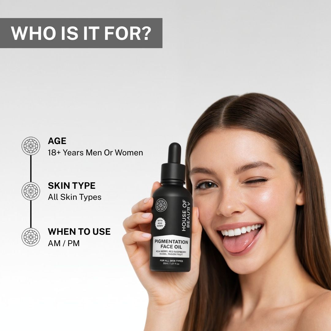 Woman holding House of Beauty Pigmentation Face Oil, suitable for men and women 18+, for all skin types, AM and PM use.