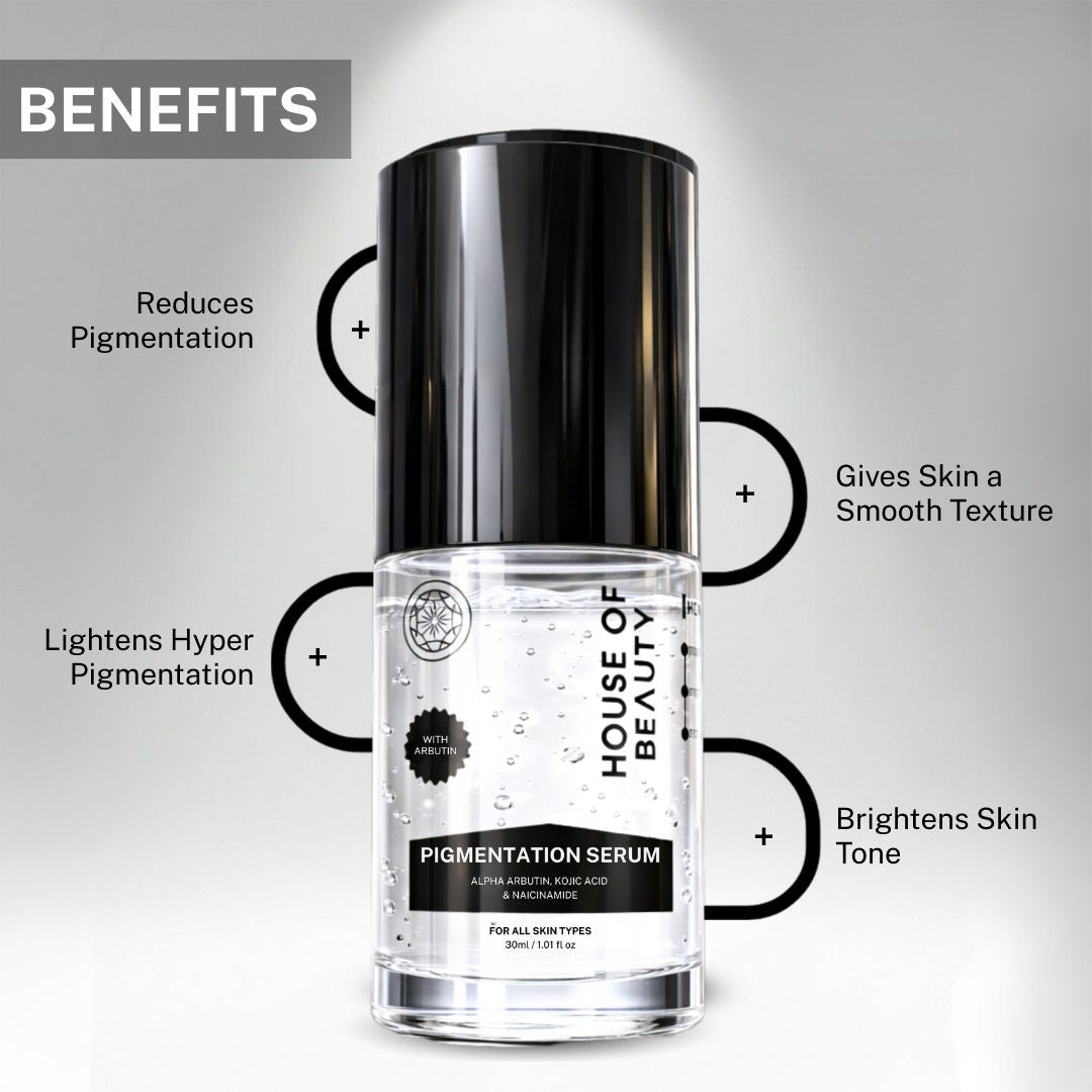 Benefits of House of Beauty Pigmentation Serum showing reduction of pigmentation, brighter skin tone, smoother texture and fading hyperpigmentation.