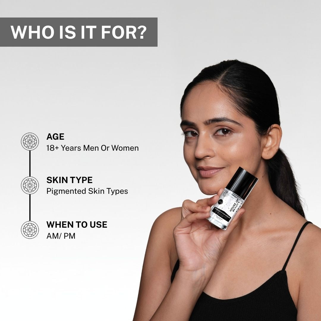 House of Beauty Pigmentation Serum suitable for pigmented skin types for men and women aged 18+ for AM and PM skincare routine.