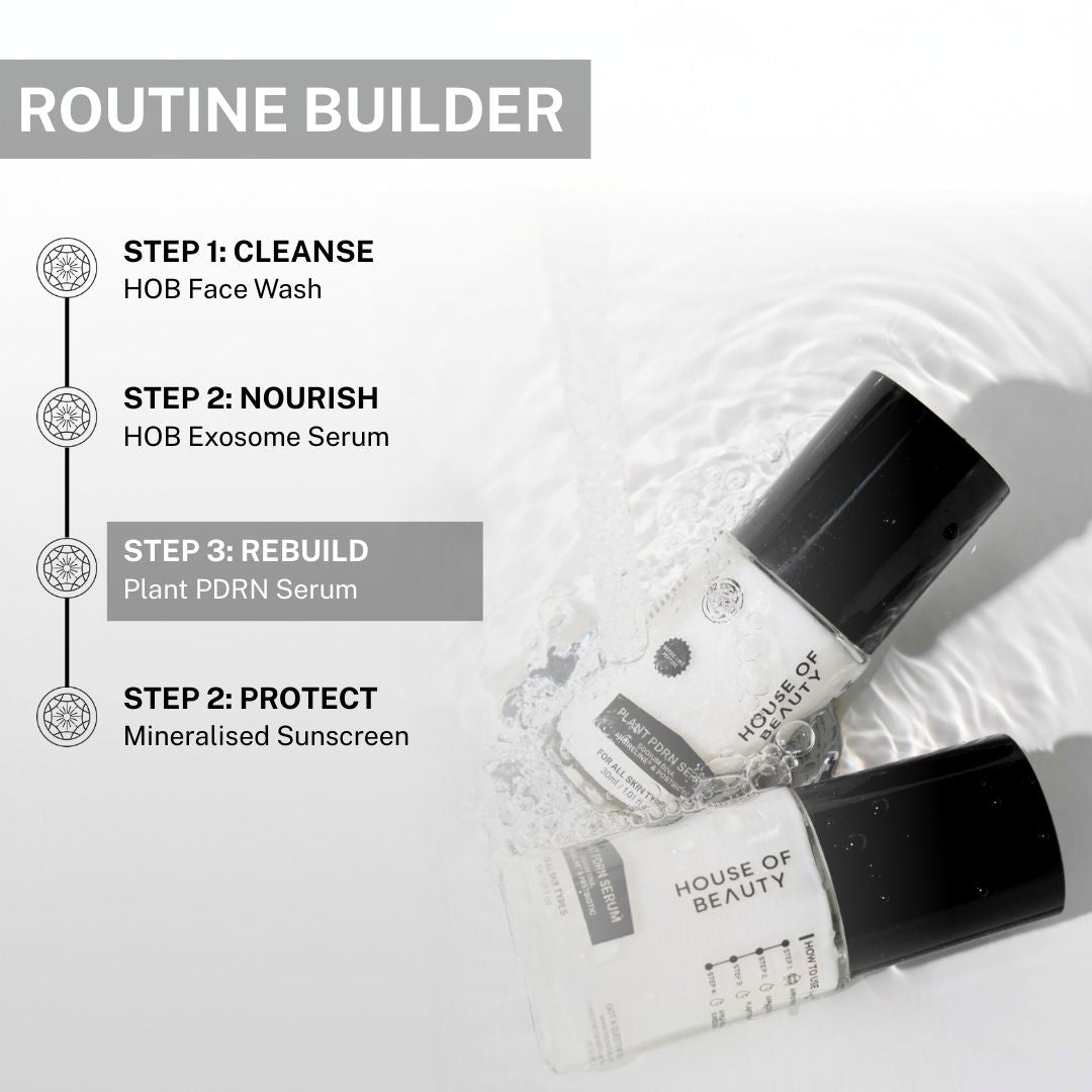 Plant PDRN Serum displayed in water with routine steps including cleanse, nourish, rebuild and protect with mineral sunscreen.