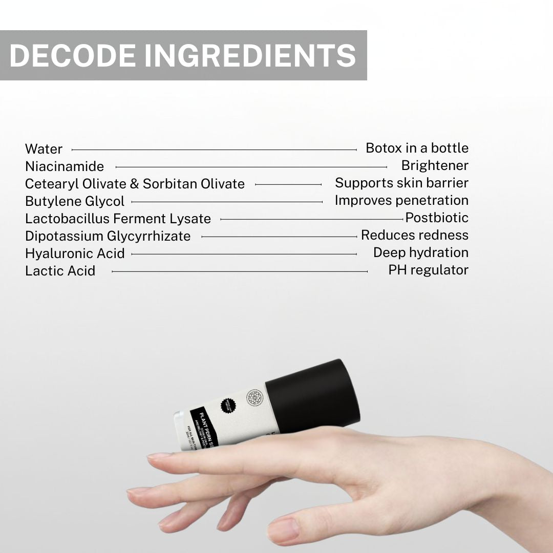 Ingredient list of Plant PDRN Serum including niacinamide, lactobacillus ferment lysate, hyaluronic acid, lactic acid and skin barrier supporting ingredients.