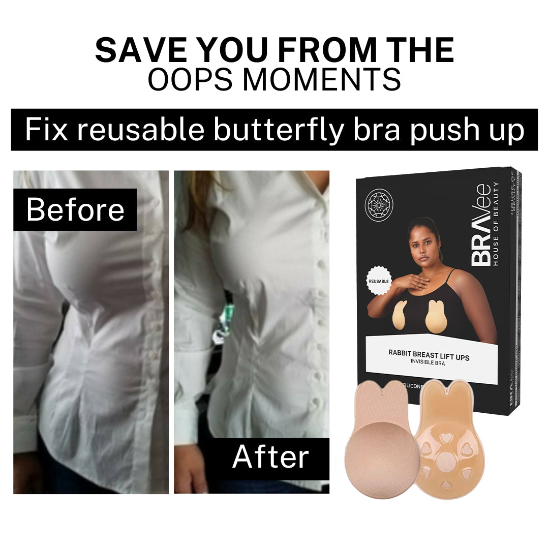 "SAVE YOU FROM THE OOPS MOMENTS" and "Fix reusable butterfly bra push up." Includes "Before" and "After" photos of a woman wearing a white button-down shirt, showing a smoother, lifted bust line in the 'After' image. The product box and lifts are also visible.
