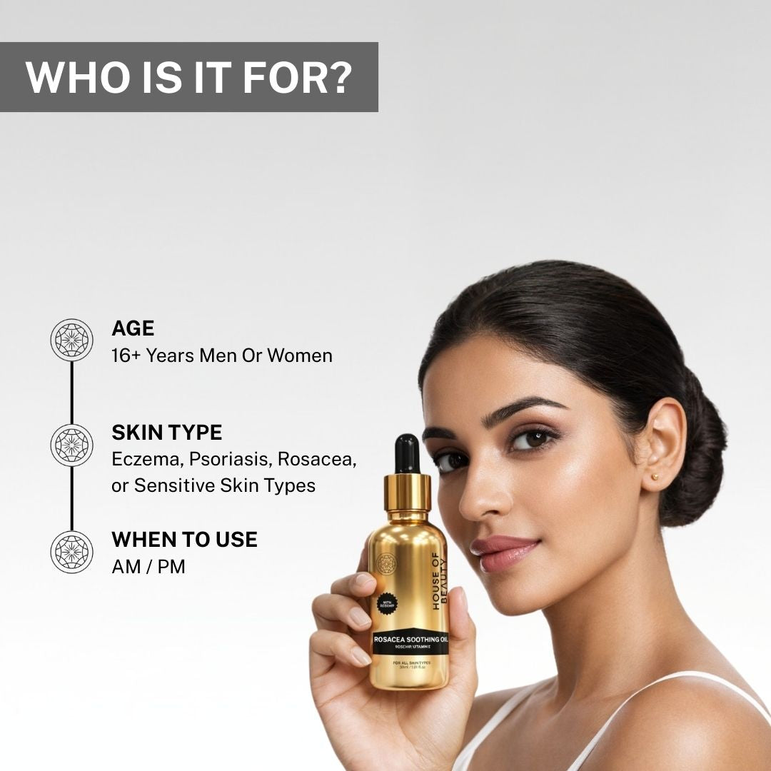 Woman holding House of Beauty Rosacea Soothing Oil suitable for eczema, psoriasis, rosacea and sensitive skin types for AM and PM use.