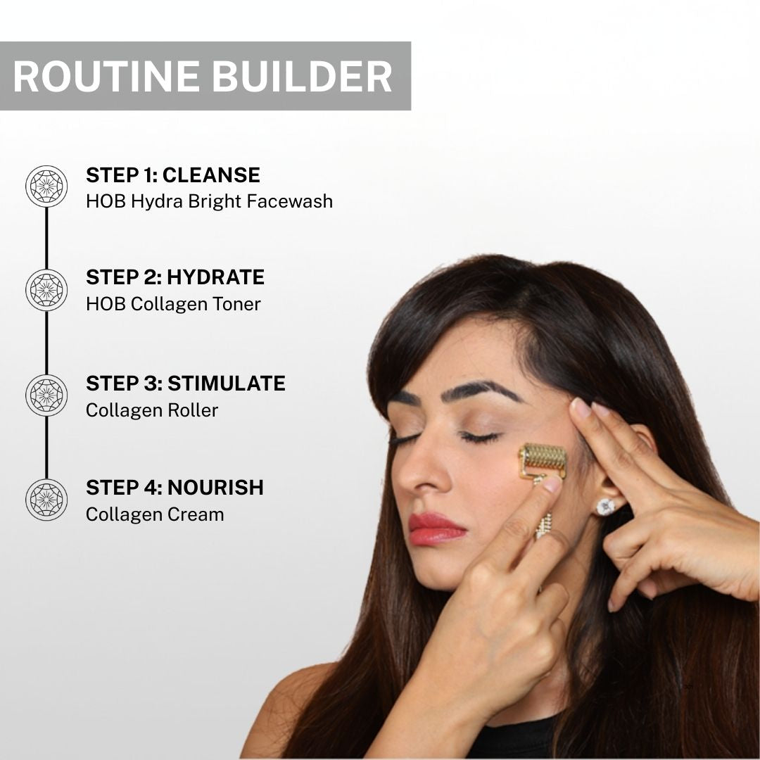 Model using House of Beauty Gold Collagen Roller on cheek as part of collagen skincare routine builder steps.