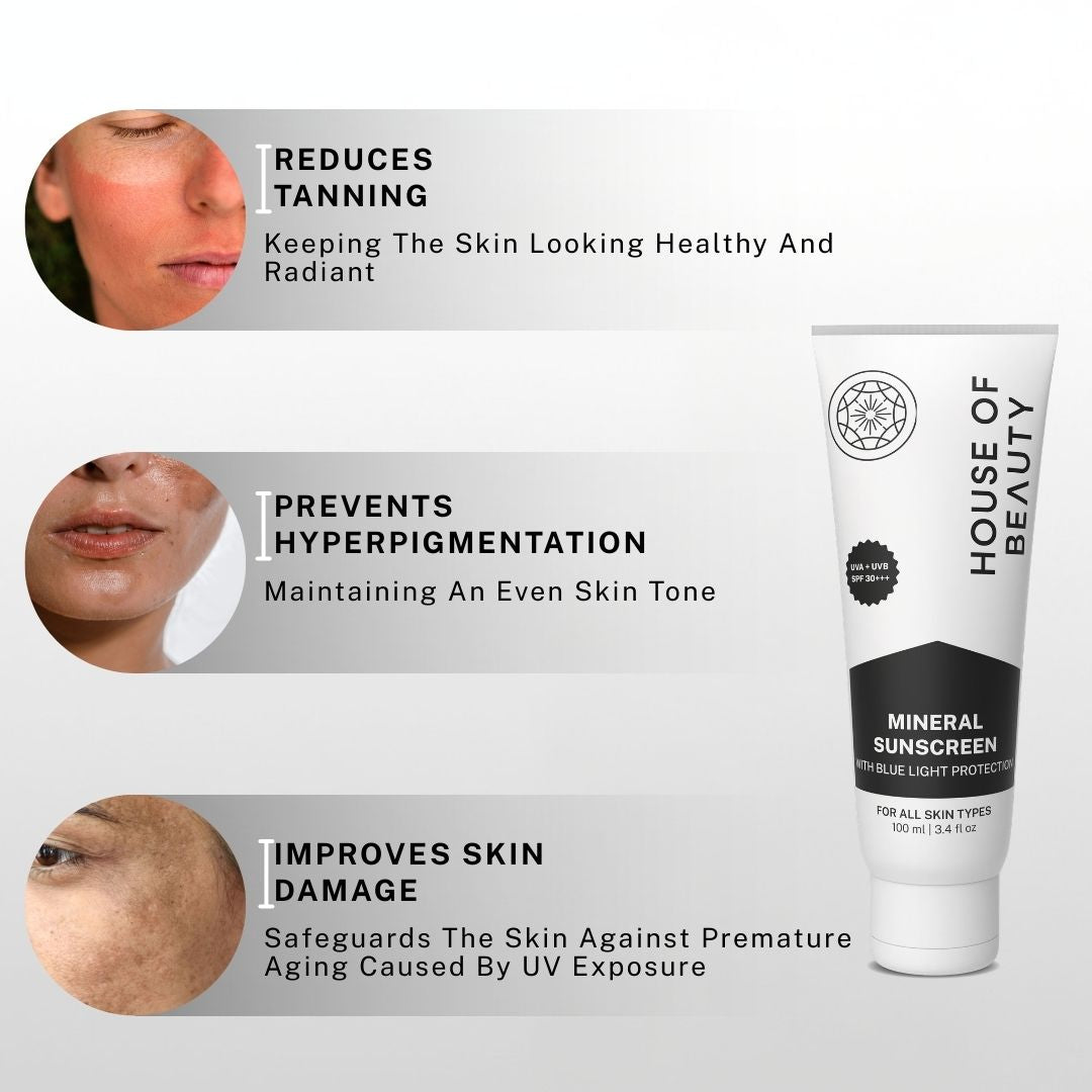 Mineral sunscreen helping reduce tanning, prevent hyperpigmentation and protect skin from UV damage and premature aging.