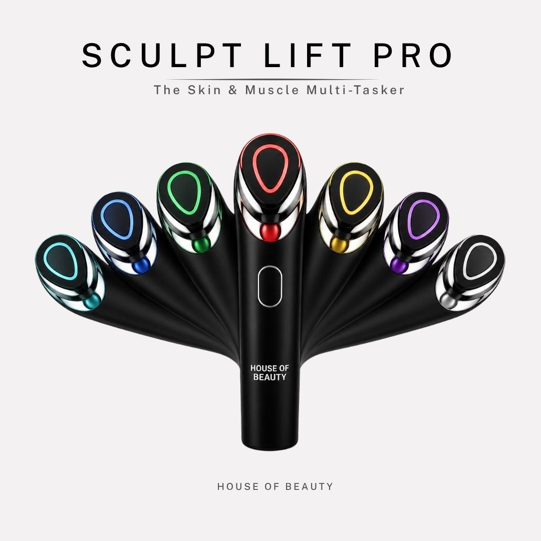 Sculpt Lift Pro™ facial lifting device featuring microcurrent technology with 7-color LED light therapy for lifting, toning, sculpting, acne care, pigmentation, and anti-aging skincare.