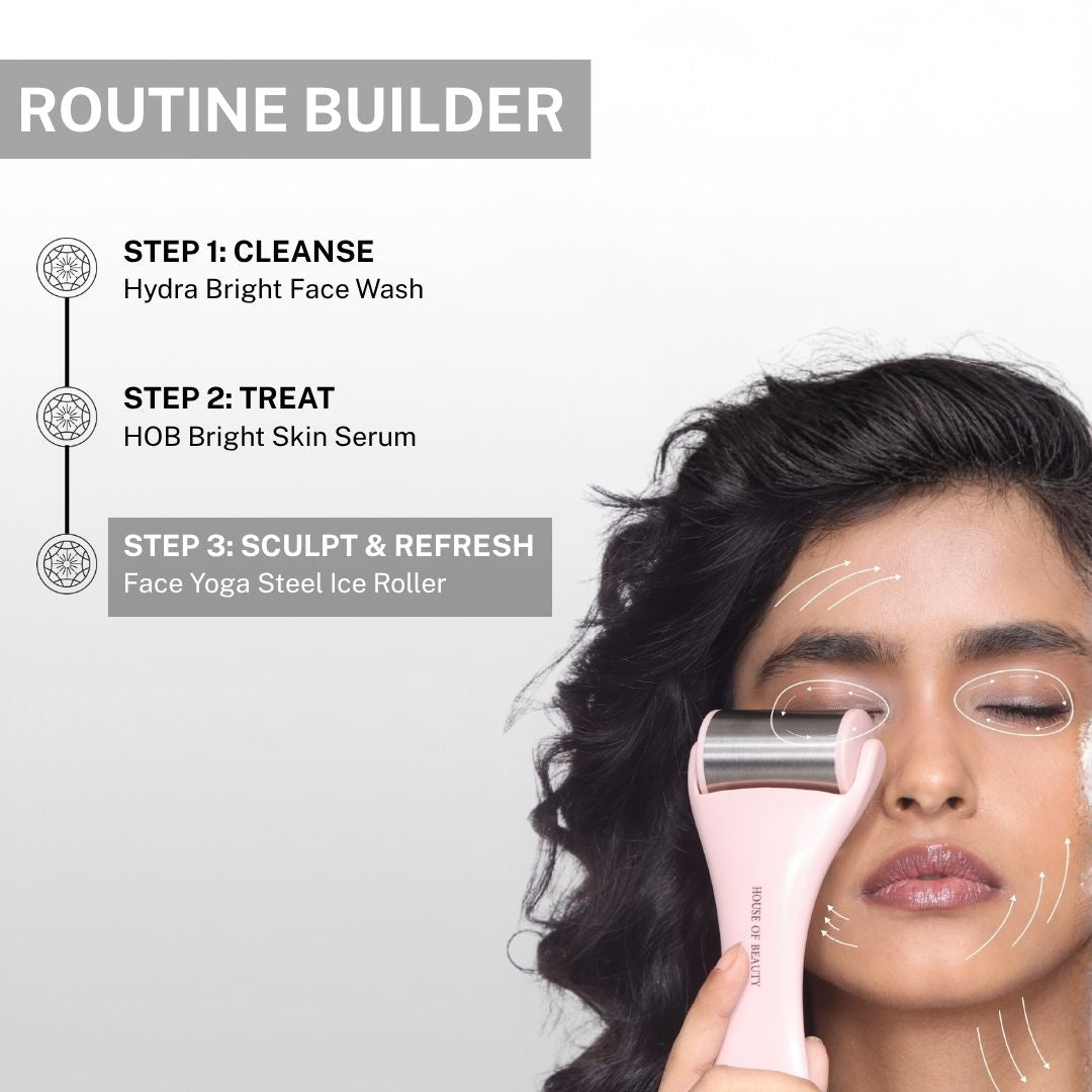 skincare routine using face wash serum and ice roller for sculpting refreshing and tightening skin