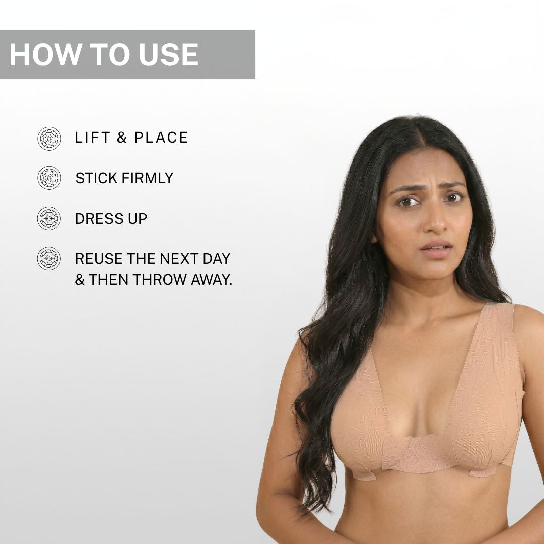 Simple steps to lift, place and firmly stick breast lift tape for invisible bra support