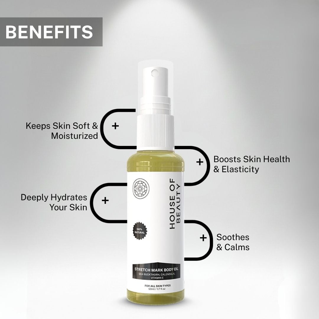 stretch mark body oil benefits deeply hydrates skin improves elasticity soothes and keeps skin soft moisturized