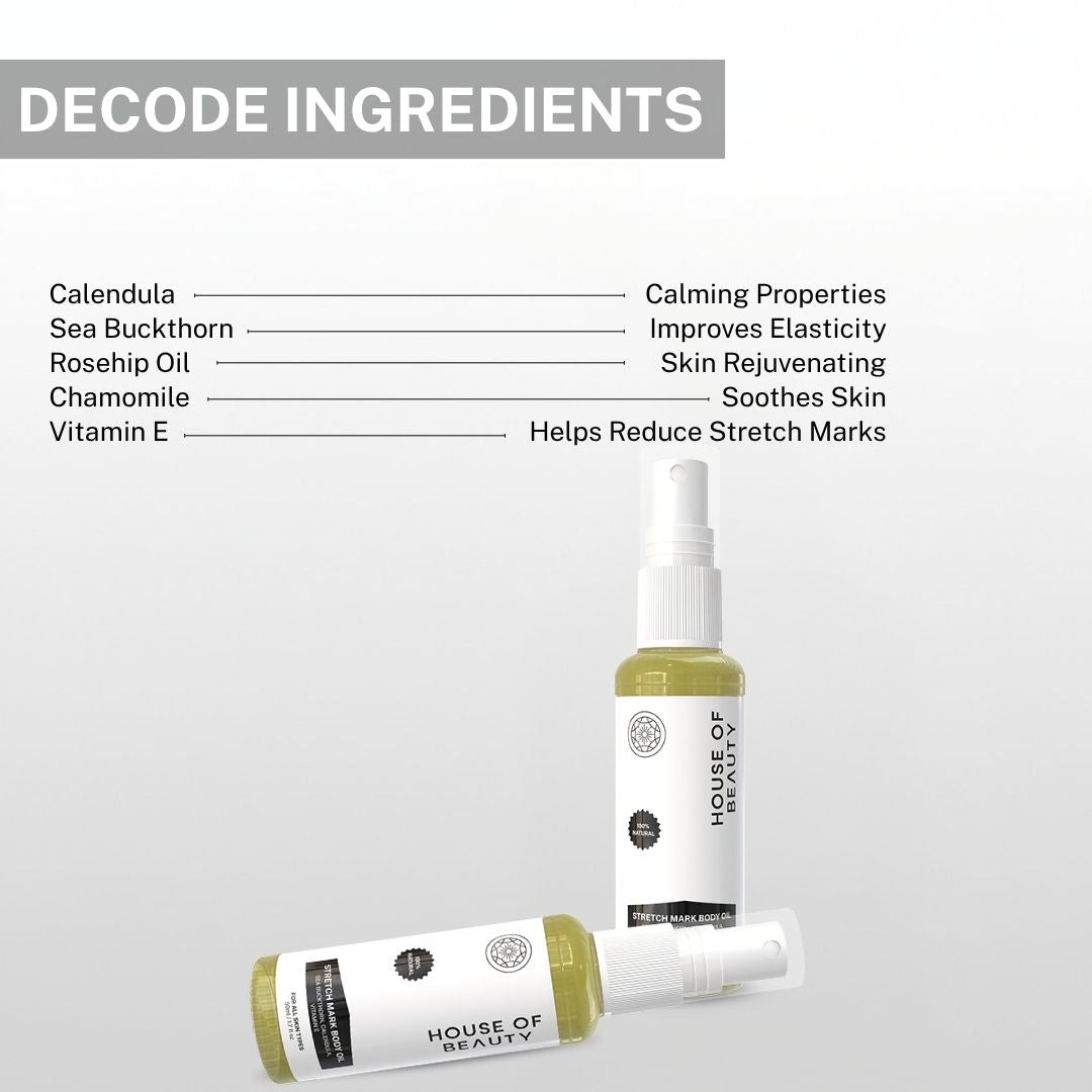 stretch mark body oil ingredients calendula sea buckthorn rosehip chamomile vitamin e for skin repair