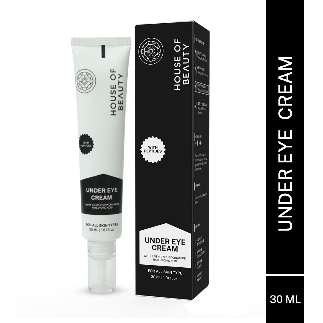 Product photo of the House of Beauty Under Eye Cream tube and its box, labeled 30 ML / 1.01 fl oz. The text "UNDER EYE CREAM" is prominently displayed.