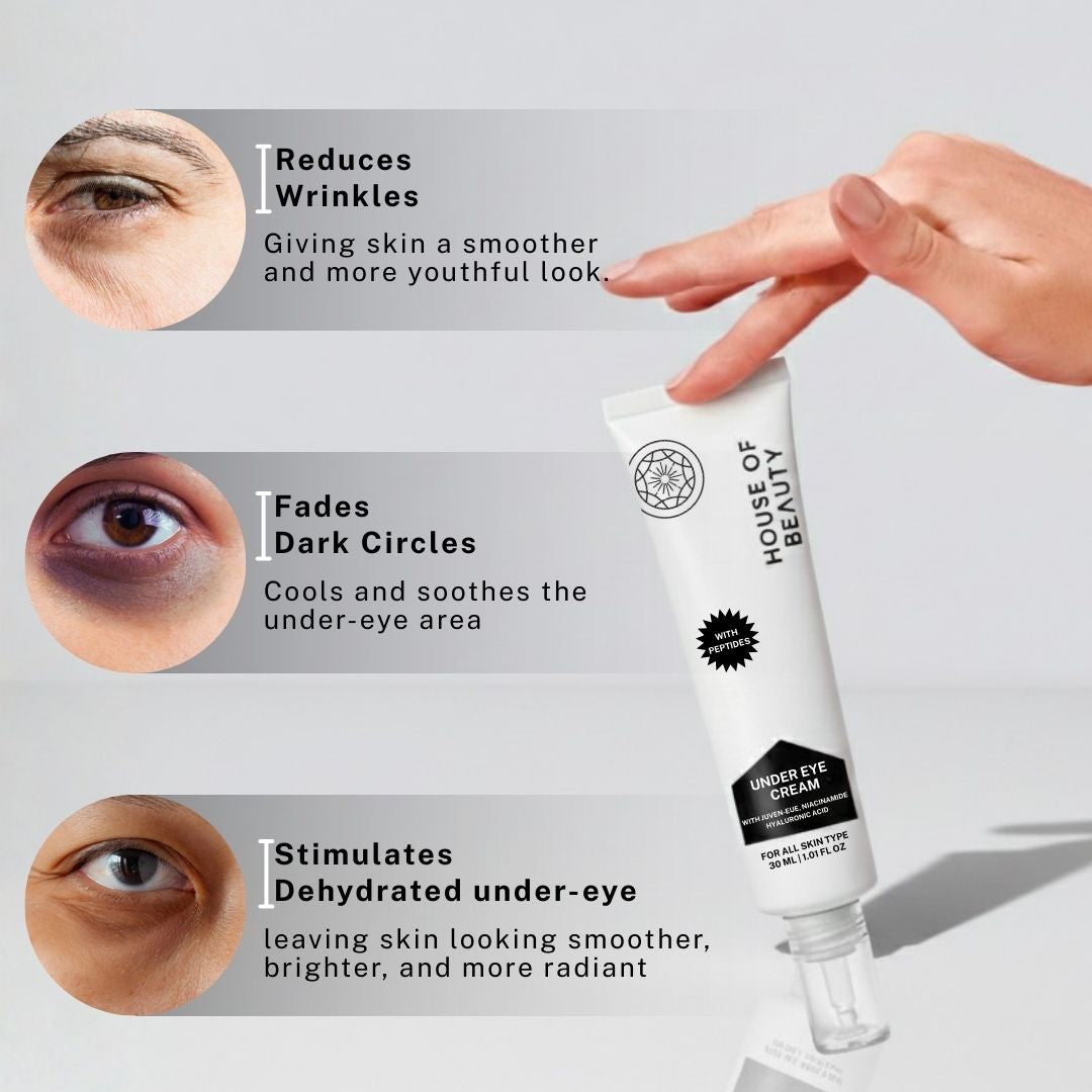 House of Beauty Under Eye Cream helping reduce wrinkles, fade dark circles and hydrate dehydrated under eye skin.