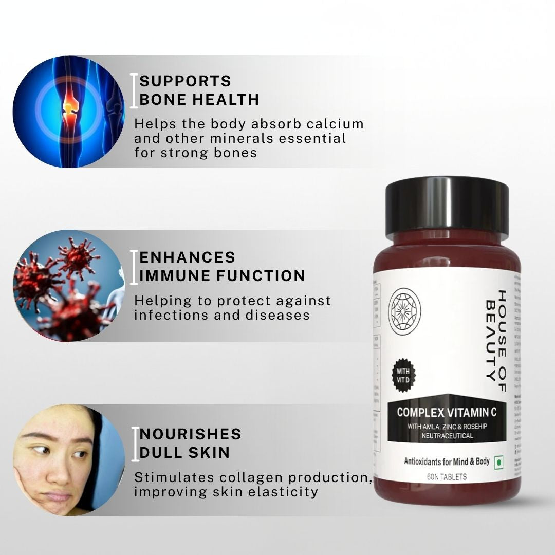 House of Beauty Complex Vitamin C supplement graphic highlighting bone health, immune function, and skin nourishment benefits.