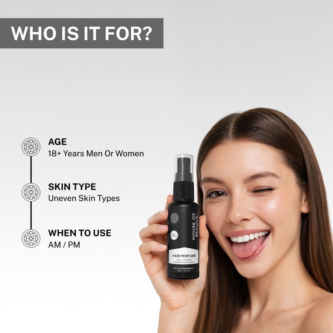 A smiling woman holding the House of Beauty Hair Perfume, showcasing that it's suitable for all genders aged 18+ with uneven skin types, and can be used in the AM or PM.