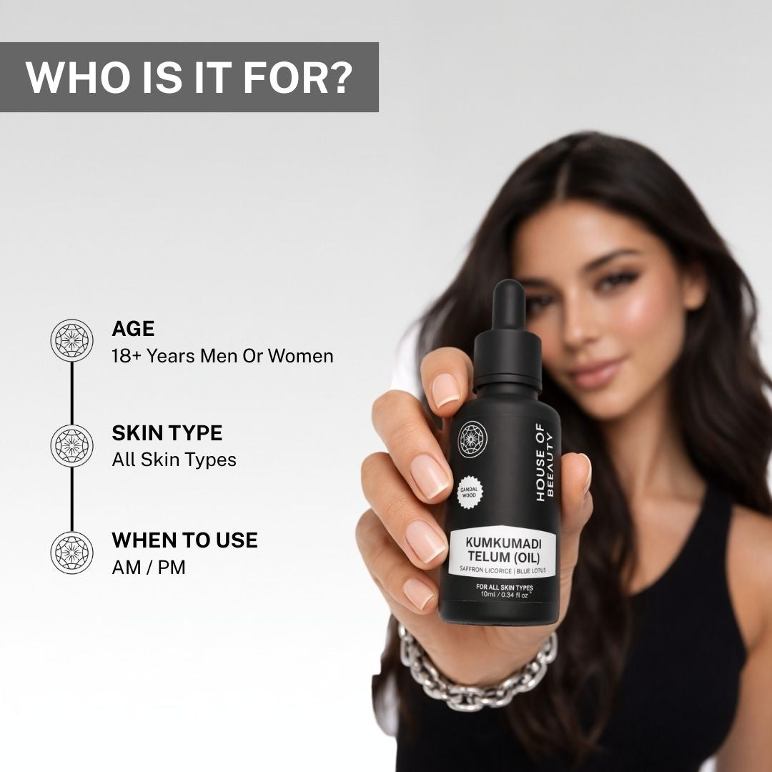 A model showcasing who can use House of Beauty Kumkumadi Telum Oil. Suitable for men and women aged 18+ with all skin types, to be used in the morning and evening.