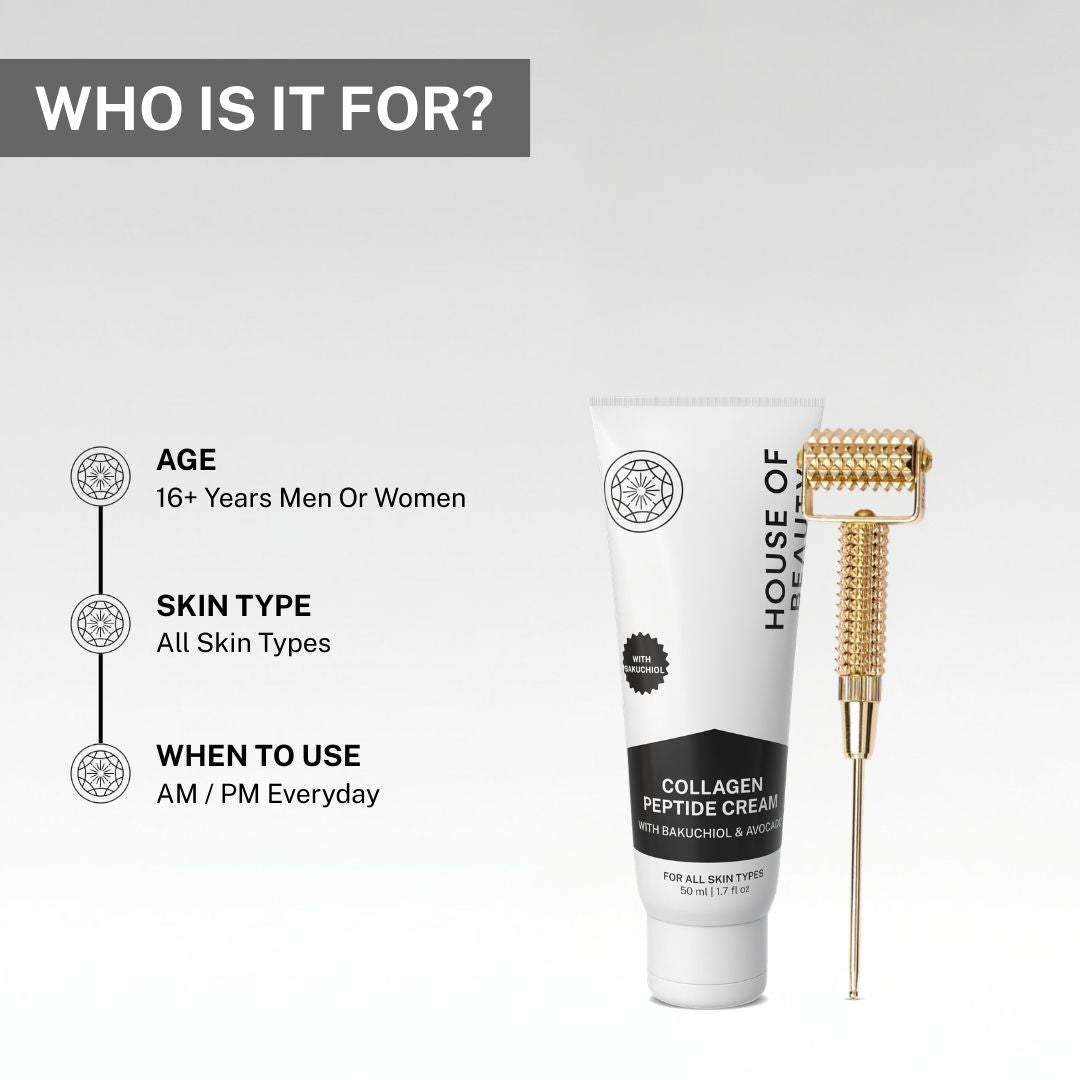House of Beauty Collagen Peptide Cream is suitable for men and women aged 16+ years, for all skin types. It can be used in the AM/PM every day for optimal results.