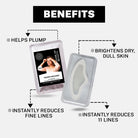 Frown Patches product image with key benefits listed: helps plump skin, brightens dry and dull skin, instantly reduces fine lines, and instantly reduces 11 lines. The packaging and patch tray are shown on a clean white background.