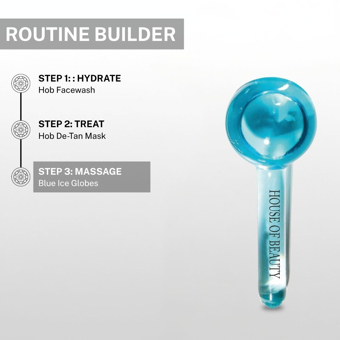 Skincare routine builder showing Blue Ice Globes as Step 3 Massage after HOB Facewash and De-Tan Mask