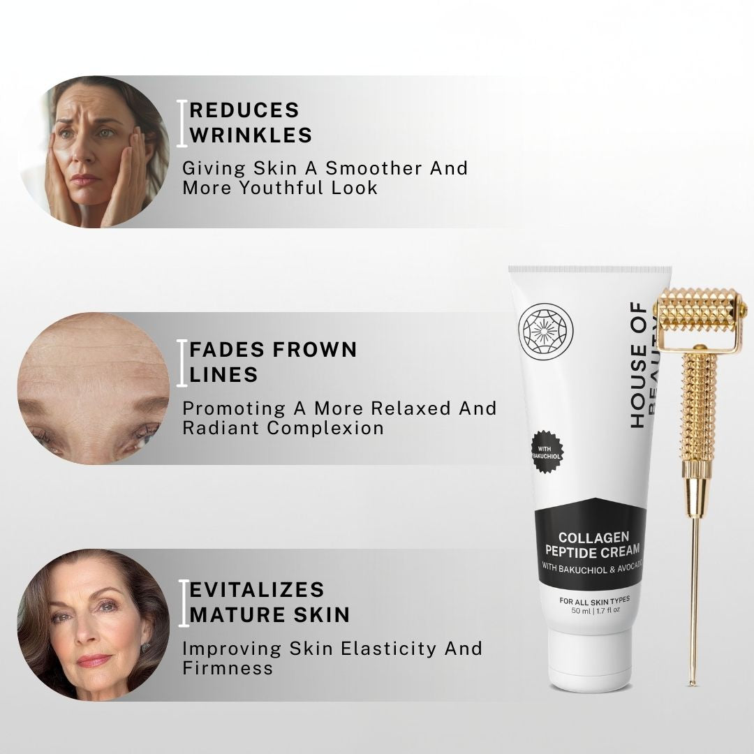 House of Beauty Collagen Peptide Cream with Bakuchiol and Avocado, designed to reduce wrinkles, fade frown lines, and revitalize mature skin. It promotes smoother, more youthful skin, improves elasticity and firmness, and provides a more relaxed, radiant complexion. The product comes with a gold roller applicator for enhanced skin benefits.