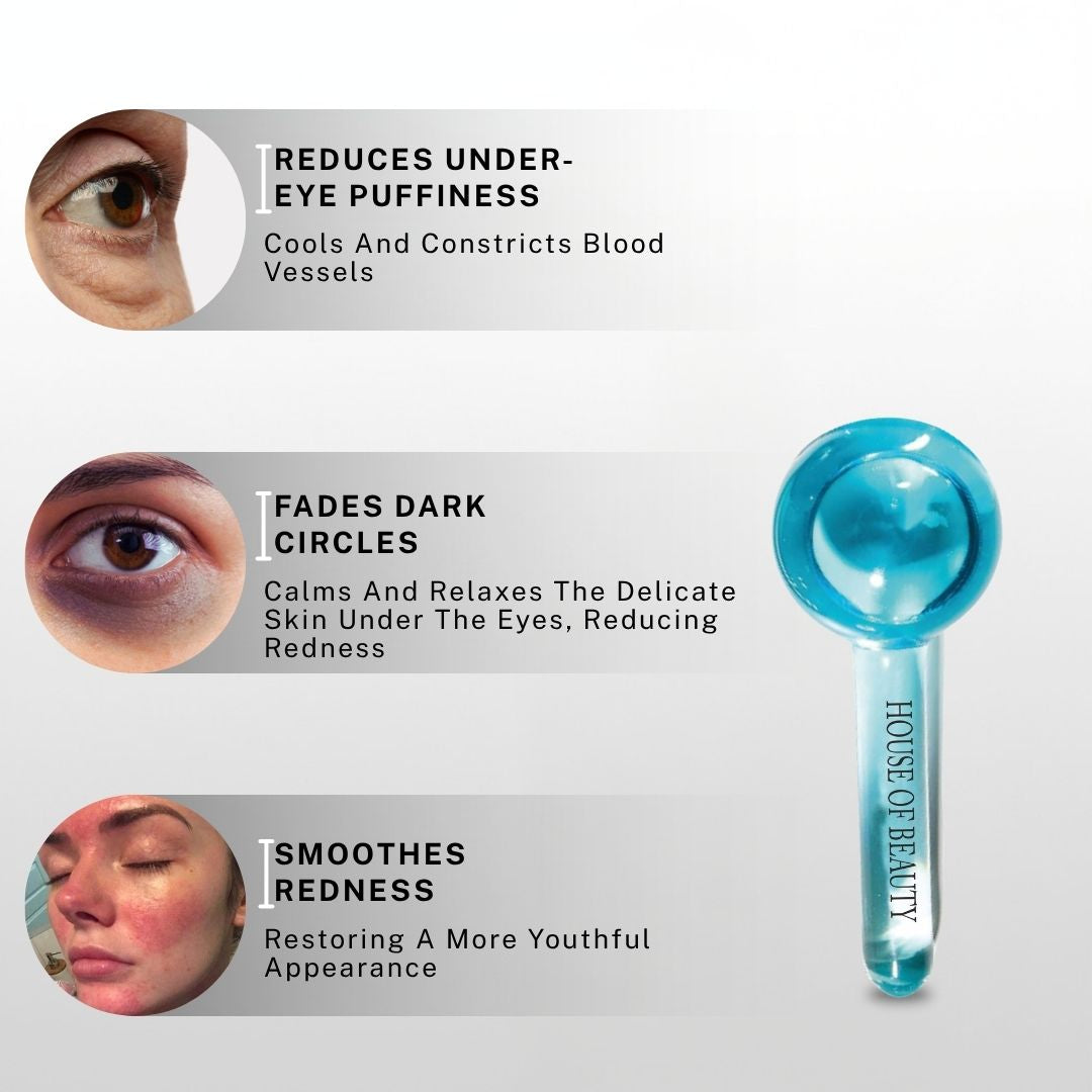 Blue Ice Globe benefits showing reduction of under-eye puffiness by cooling blood vessels, fading dark circles, and smoothing redness for youthful skin