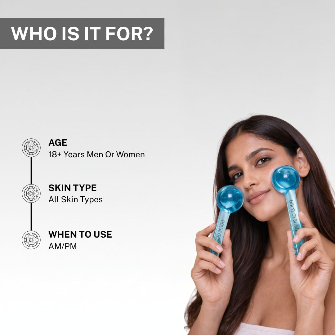 Woman holding House of Beauty Blue Ice Globes on face showing product is for age 18+ men and women, all skin types, suitable for AM and PM use